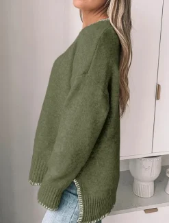 Outlet Women's Sweater Casual Soft Pure Color Ribbed Crew Neck Patchwork Knitted Long Sleeve Regular Tops Knit Outdoor Daily Weekend Green Khaki Fall Winter Women Pullovers & Tops