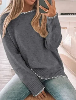Outlet Women's Sweater Casual Soft Pure Color Ribbed Crew Neck Patchwork Knitted Long Sleeve Regular Tops Knit Outdoor Daily Weekend Green Khaki Fall Winter Women Pullovers & Tops
