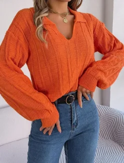 Discount Women's Sweater Casual Soft Pure Color Ribbed V Neck Knitted Long Sleeve Regular Tops Knit Outdoor Daily Weekend Orange Spring Fall Women Pullovers & Tops