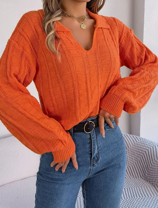 Discount Women's Sweater Casual Soft Pure Color Ribbed V Neck Knitted Long Sleeve Regular Tops Knit Outdoor Daily Weekend Orange Spring Fall Women Pullovers & Tops