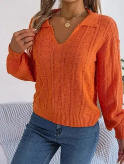 Discount Women's Sweater Casual Soft Pure Color Ribbed V Neck Knitted Long Sleeve Regular Tops Knit Outdoor Daily Weekend Orange Spring Fall Women Pullovers & Tops