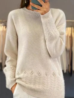 Sale Women's Sweater Casual Soft Pure Color Ribbed Crew Neck Knitted Long Sleeve Regular Tops Knit Outdoor Daily Weekend Pink Camel Fall Winter Women Pullovers & Tops