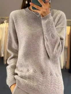 Sale Women's Sweater Casual Soft Pure Color Ribbed Crew Neck Knitted Long Sleeve Regular Tops Knit Outdoor Daily Weekend Pink Camel Fall Winter Women Pullovers & Tops