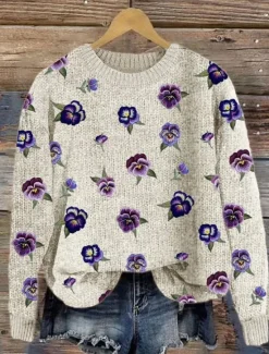 Sale Women's Sweater Casual Soft Animal Ribbed Crew Neck Knitted Print Long Sleeve Regular Tops Knit Outdoor Daily Weekend Dark Green Green Fall Winter Women Pullovers & Tops