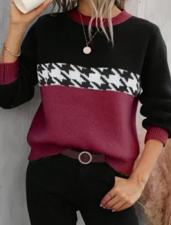 Hot Women's Sweater Casual Soft Houndstooth Ribbed Crew Neck Knitted Long Sleeve Regular Tops Knit Outdoor Daily Weekend Pink Fuchsia Fall Winter Women Pullovers & Tops