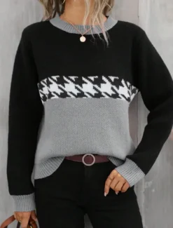 Hot Women's Sweater Casual Soft Houndstooth Ribbed Crew Neck Knitted Long Sleeve Regular Tops Knit Outdoor Daily Weekend Pink Fuchsia Fall Winter Women Pullovers & Tops