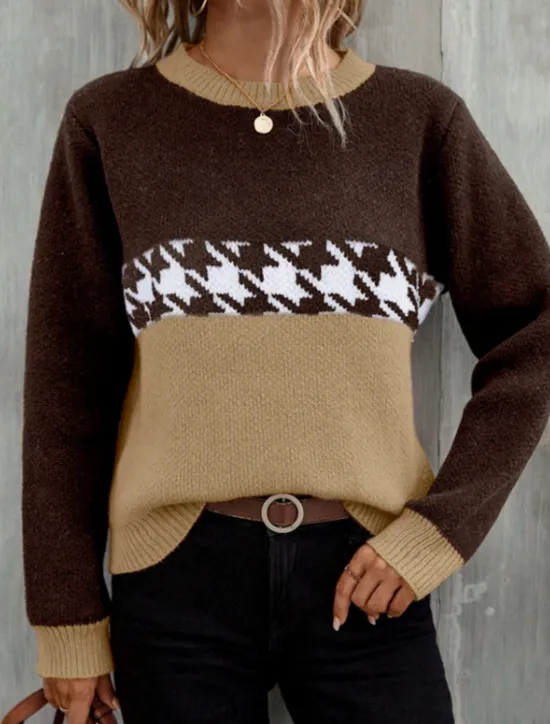 Hot Women's Sweater Casual Soft Houndstooth Ribbed Crew Neck Knitted Long Sleeve Regular Tops Knit Outdoor Daily Weekend Pink Fuchsia Fall Winter Women Pullovers & Tops