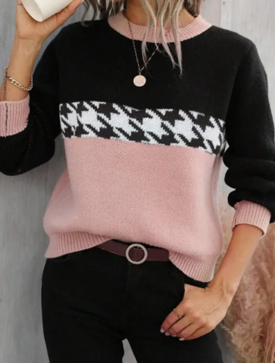 Hot Women's Sweater Casual Soft Houndstooth Ribbed Crew Neck Knitted Long Sleeve Regular Tops Knit Outdoor Daily Weekend Pink Fuchsia Fall Winter Women Pullovers & Tops