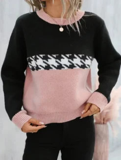 Hot Women's Sweater Casual Soft Houndstooth Ribbed Crew Neck Knitted Long Sleeve Regular Tops Knit Outdoor Daily Weekend Pink Fuchsia Fall Winter Women Pullovers & Tops