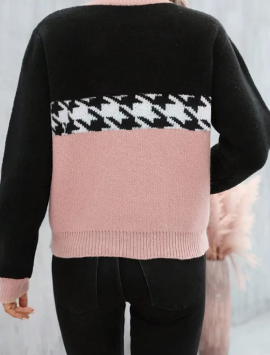 Hot Women's Sweater Casual Soft Houndstooth Ribbed Crew Neck Knitted Long Sleeve Regular Tops Knit Outdoor Daily Weekend Pink Fuchsia Fall Winter Women Pullovers & Tops