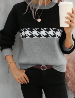 Hot Women's Sweater Casual Soft Houndstooth Ribbed Crew Neck Knitted Long Sleeve Regular Tops Knit Outdoor Daily Weekend Pink Fuchsia Fall Winter Women Pullovers & Tops
