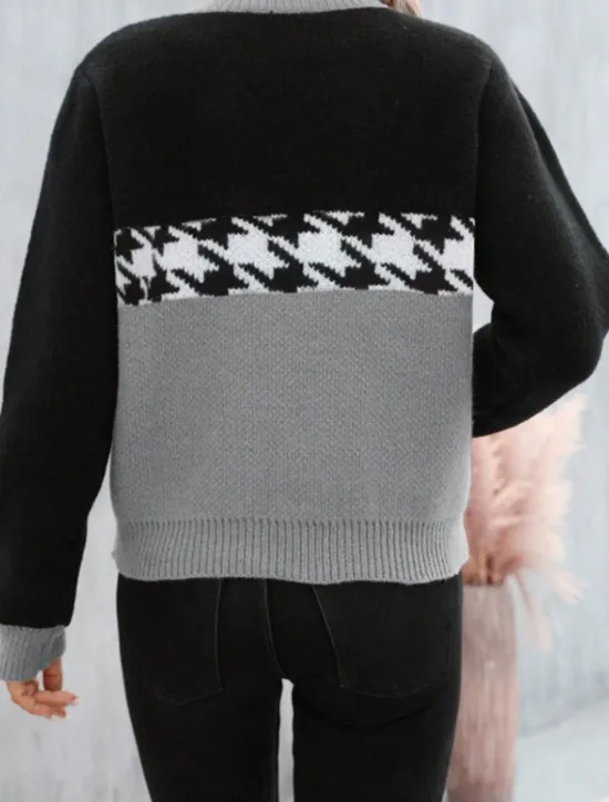 Hot Women's Sweater Casual Soft Houndstooth Ribbed Crew Neck Knitted Long Sleeve Regular Tops Knit Outdoor Daily Weekend Pink Fuchsia Fall Winter Women Pullovers & Tops