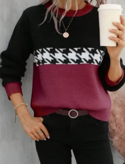 Hot Women's Sweater Casual Soft Houndstooth Ribbed Crew Neck Knitted Long Sleeve Regular Tops Knit Outdoor Daily Weekend Pink Fuchsia Fall Winter Women Pullovers & Tops