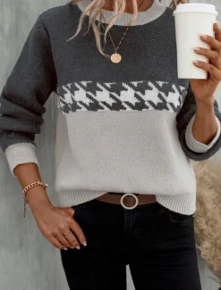 Hot Women's Sweater Casual Soft Houndstooth Ribbed Crew Neck Knitted Long Sleeve Regular Tops Knit Outdoor Daily Weekend Pink Fuchsia Fall Winter Women Pullovers & Tops