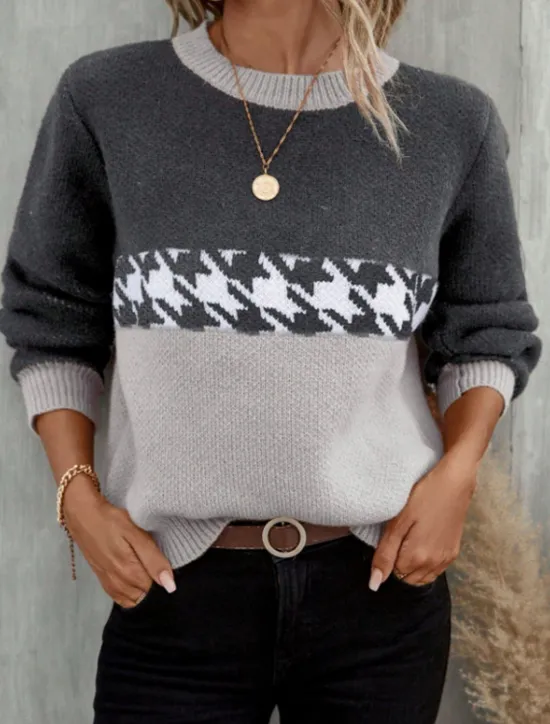 Hot Women's Sweater Casual Soft Houndstooth Ribbed Crew Neck Knitted Long Sleeve Regular Tops Knit Outdoor Daily Weekend Pink Fuchsia Fall Winter Women Pullovers & Tops