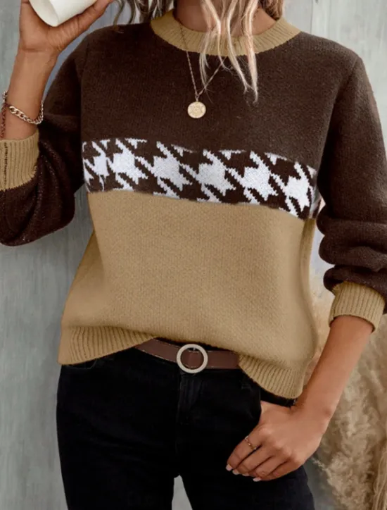 Hot Women's Sweater Casual Soft Houndstooth Ribbed Crew Neck Knitted Long Sleeve Regular Tops Knit Outdoor Daily Weekend Pink Fuchsia Fall Winter Women Pullovers & Tops