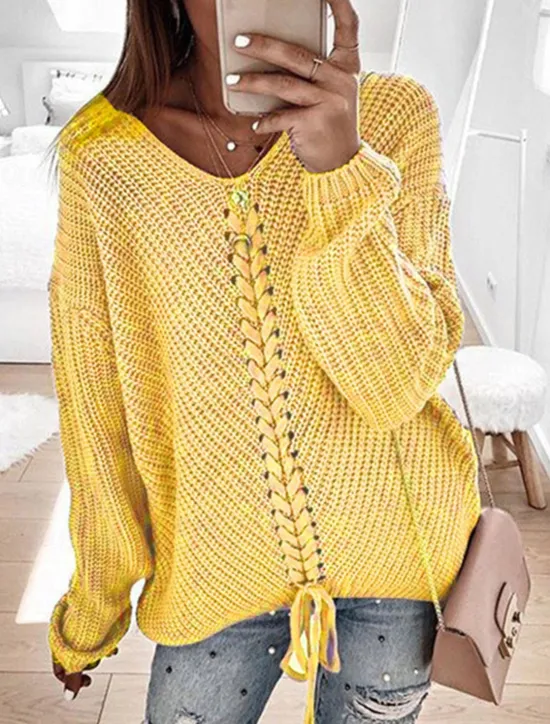 Women's Sweater Casual Soft Pure Color Cable V Neck Knitted Long Sleeve Regular Tops Knit Outdoor Daily Weekend Yellow Blue Fall Winter Women Pullovers & Tops