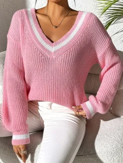 Outlet Women's Sweater Casual Soft Pure Color Crochet V Neck Knitted Long Sleeve Regular Tops Knit Outdoor Daily Weekend White Pink Fall Winter Women Pullovers & Tops