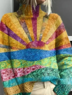 Online Women's Sweater Casual Soft Color Block Ribbed Turtleneck Knitted Print Long Sleeve Regular Tops Knit Outdoor Daily Weekend Yellow Blue Fall Winter Women Pullovers & Tops