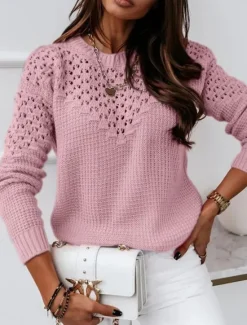 Discount Women's Sweater Casual Soft Pure Color Ribbed Crew Neck Hollow Out Knitted Long Sleeve Regular Tops Knit Outdoor Daily Weekend Pink Blue Fall Winter Women Pullovers & Tops