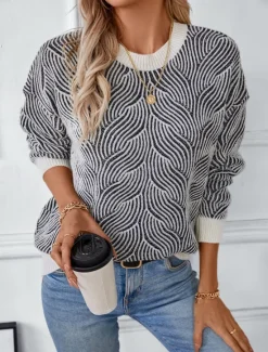 Discount Women's Sweater Casual Soft Geometric Ribbed Crew Neck Knitted Long Sleeve Regular Tops Knit Outdoor Daily Weekend Fall Winter Women Pullovers & Tops