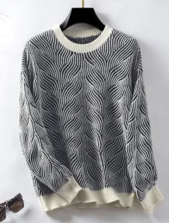 Discount Women's Sweater Casual Soft Geometric Ribbed Crew Neck Knitted Long Sleeve Regular Tops Knit Outdoor Daily Weekend Fall Winter Women Pullovers & Tops