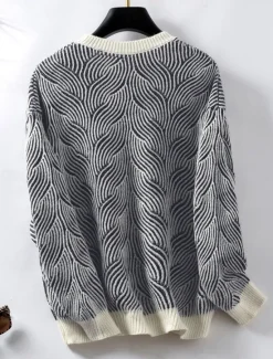 Discount Women's Sweater Casual Soft Geometric Ribbed Crew Neck Knitted Long Sleeve Regular Tops Knit Outdoor Daily Weekend Fall Winter Women Pullovers & Tops