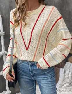 Best Women's Sweater Casual Soft Pure Color Ribbed Crew Neck Knitted Hole Long Sleeve Regular Tops Knit Outdoor Daily Weekend Fall Winter Women Pullovers & Tops