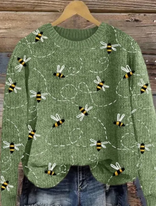 New Women's Sweater Casual Soft Graphic Ribbed Crew Neck Knitted Print Long Sleeve Regular Tops Knit Outdoor Daily Weekend Yellow Green Fall Winter Women Pullovers & Tops