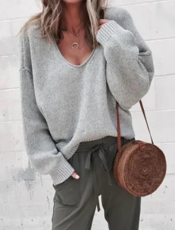 Online Women's Sweater Casual Soft Pure Color Ribbed V Neck Knitted Long Sleeve Regular Tops Knit Outdoor Daily Weekend Black Khaki Fall Winter Women Pullovers & Tops