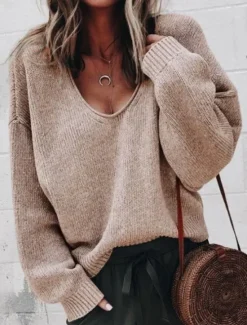 Online Women's Sweater Casual Soft Pure Color Ribbed V Neck Knitted Long Sleeve Regular Tops Knit Outdoor Daily Weekend Black Khaki Fall Winter Women Pullovers & Tops