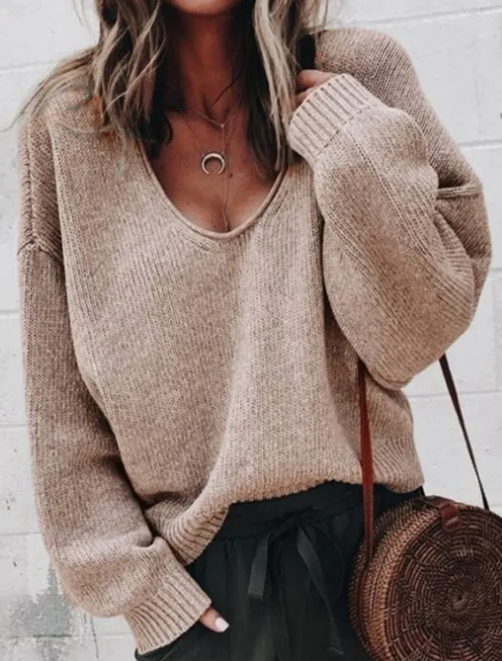 Online Women's Sweater Casual Soft Pure Color Ribbed V Neck Knitted Long Sleeve Regular Tops Knit Outdoor Daily Weekend Black Khaki Fall Winter Women Pullovers & Tops