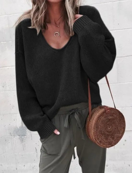 Online Women's Sweater Casual Soft Pure Color Ribbed V Neck Knitted Long Sleeve Regular Tops Knit Outdoor Daily Weekend Black Khaki Fall Winter Women Pullovers & Tops