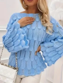 Online Women's Sweater Casual Soft Pure Color Ribbed Crew Neck Knitted Long Sleeve Regular Tops Knit Outdoor Daily Weekend Fall Winter Women Pullovers & Tops