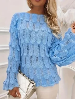 Online Women's Sweater Casual Soft Pure Color Ribbed Crew Neck Knitted Long Sleeve Regular Tops Knit Outdoor Daily Weekend Fall Winter Women Pullovers & Tops