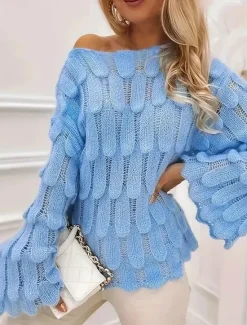 Online Women's Sweater Casual Soft Pure Color Ribbed Crew Neck Knitted Long Sleeve Regular Tops Knit Outdoor Daily Weekend Fall Winter Women Pullovers & Tops