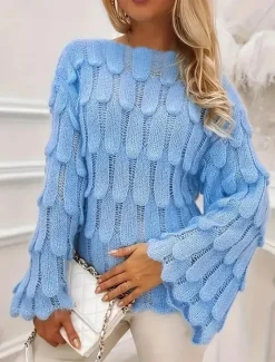 Online Women's Sweater Casual Soft Pure Color Ribbed Crew Neck Knitted Long Sleeve Regular Tops Knit Outdoor Daily Weekend Fall Winter Women Pullovers & Tops