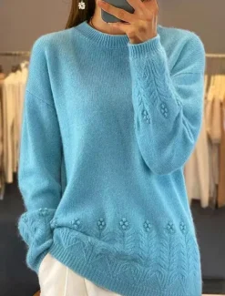 Outlet Women's Sweater Casual Soft Pure Color Ribbed Crew Neck Knitted Long Sleeve Regular Tops Knit Outdoor Daily Weekend Pink Blue Fall Winter Women Pullovers & Tops