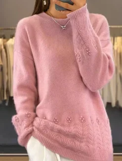 Outlet Women's Sweater Casual Soft Pure Color Ribbed Crew Neck Knitted Long Sleeve Regular Tops Knit Outdoor Daily Weekend Pink Blue Fall Winter Women Pullovers & Tops