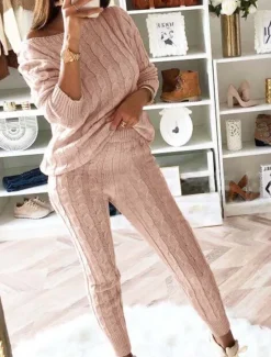 Outlet Women's Sweater Casual Solid Color Cable Crew Neck Knitted Long Sleeve Long Tops Knit Weekend Fall Winter Women Sweater Co-Ords