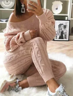 Outlet Women's Sweater Casual Solid Color Cable Crew Neck Knitted Long Sleeve Long Tops Knit Weekend Fall Winter Women Sweater Co-Ords