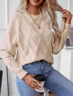Outlet Women's Sweater Casual Solid Color Geometric Crew Neck Knitted Long Sleeve Long Tops Knit Work Black Beige Fall Winter Women Pullovers & Tops