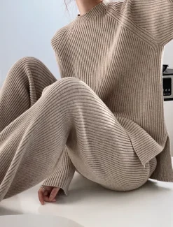 Hot Women's Sweater Co-ords Elegant Fashion Casual Solid Color Ribbed Boat Neck Knitted Long Sleeve Regular Tops Knit Work Blue Khaki Fall Winter Women Sweater Co-Ords