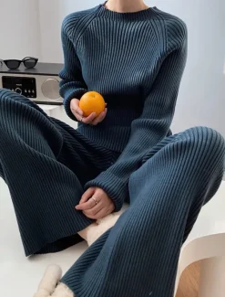Hot Women's Sweater Co-ords Elegant Fashion Casual Solid Color Ribbed Boat Neck Knitted Long Sleeve Regular Tops Knit Work Blue Khaki Fall Winter Women Sweater Co-Ords