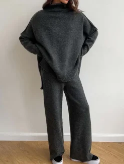 Clearance Women's Sweater Co-ords Sweater Set Casual Soft Pure Color Ribbed Turtleneck Split Knitted Long Sleeve Regular Tops Knit Outdoor Daily Weekend Khaki Dark Gray Fall Winter Women Sweater Co-Ords