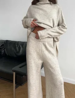 Clearance Women's Sweater Co-ords Sweater Set Casual Soft Pure Color Ribbed Turtleneck Split Knitted Long Sleeve Regular Tops Knit Outdoor Daily Weekend Khaki Dark Gray Fall Winter Women Sweater Co-Ords