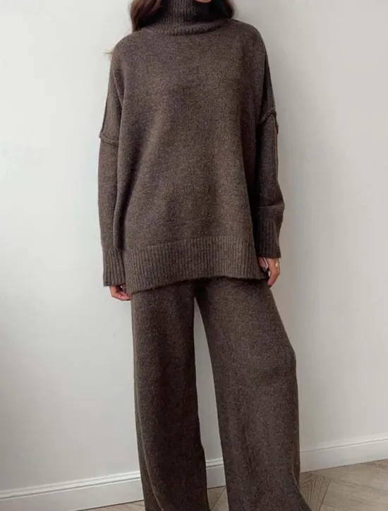 Clearance Women's Sweater Co-ords Sweater Set Casual Soft Pure Color Ribbed Turtleneck Split Knitted Long Sleeve Regular Tops Knit Outdoor Daily Weekend Khaki Dark Gray Fall Winter Women Sweater Co-Ords