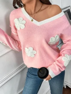 Discount Women's Sweater Crew Neck Knit Embroidery Spring Fall Elegant 3/4 Length Sleeve Solid Color Women Hoodies & Sweatshirts