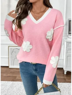 Discount Women's Sweater Crew Neck Knit Embroidery Spring Fall Elegant 3/4 Length Sleeve Solid Color Women Hoodies & Sweatshirts