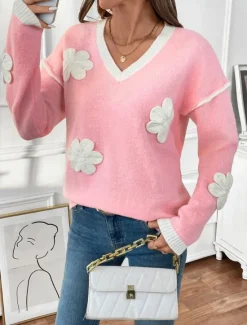 Discount Women's Sweater Crew Neck Knit Embroidery Spring Fall Elegant 3/4 Length Sleeve Solid Color Women Hoodies & Sweatshirts
